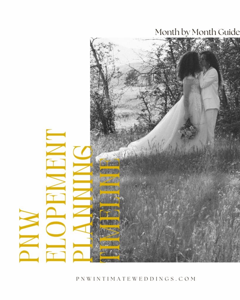 PNW elopement planning timeline graphic showing two brides kissing in a sunlit meadow in the Pacific Northwest.