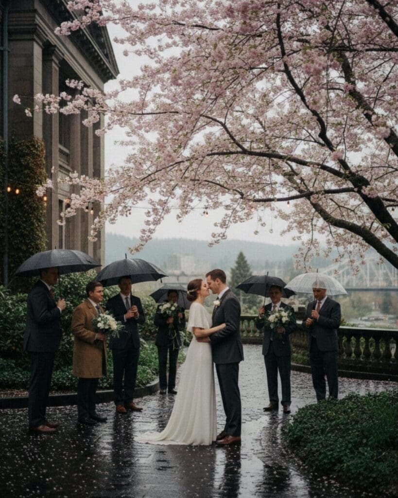Couple getting married under cherry blossoms during a rainy spring wedding in Oregon