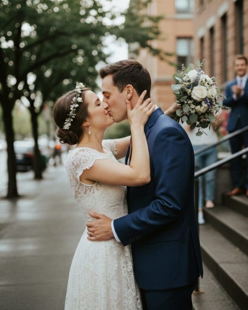 Couple kissing outside a courthouse in Portland, Oregon holding a wedding bouquet