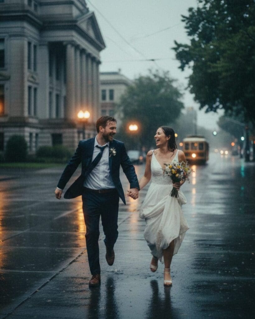 Newlywed couple running through a rainy street after their Portland courthouse wedding