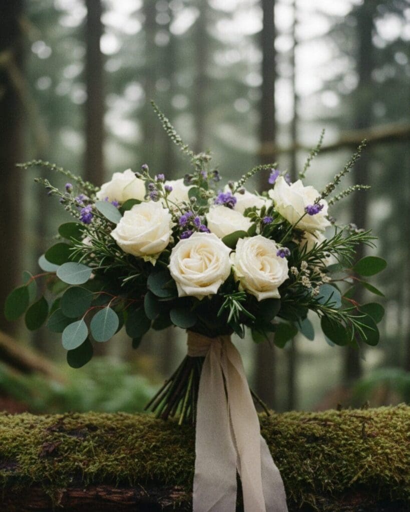 Bridal bouquet with white roses and greenery set against a forest backdrop in the Pacific Northwest
