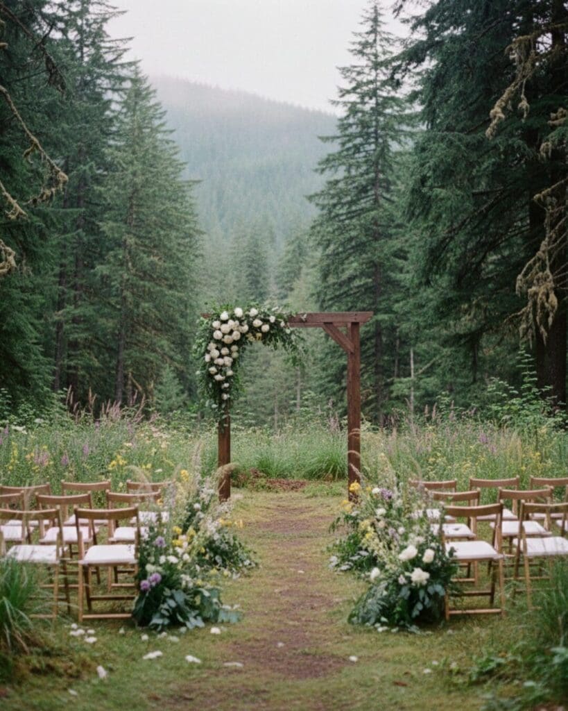 Outdoor forest wedding ceremony setup with wooden arch and chairs surrounded by greenery in the Pacific Northwest