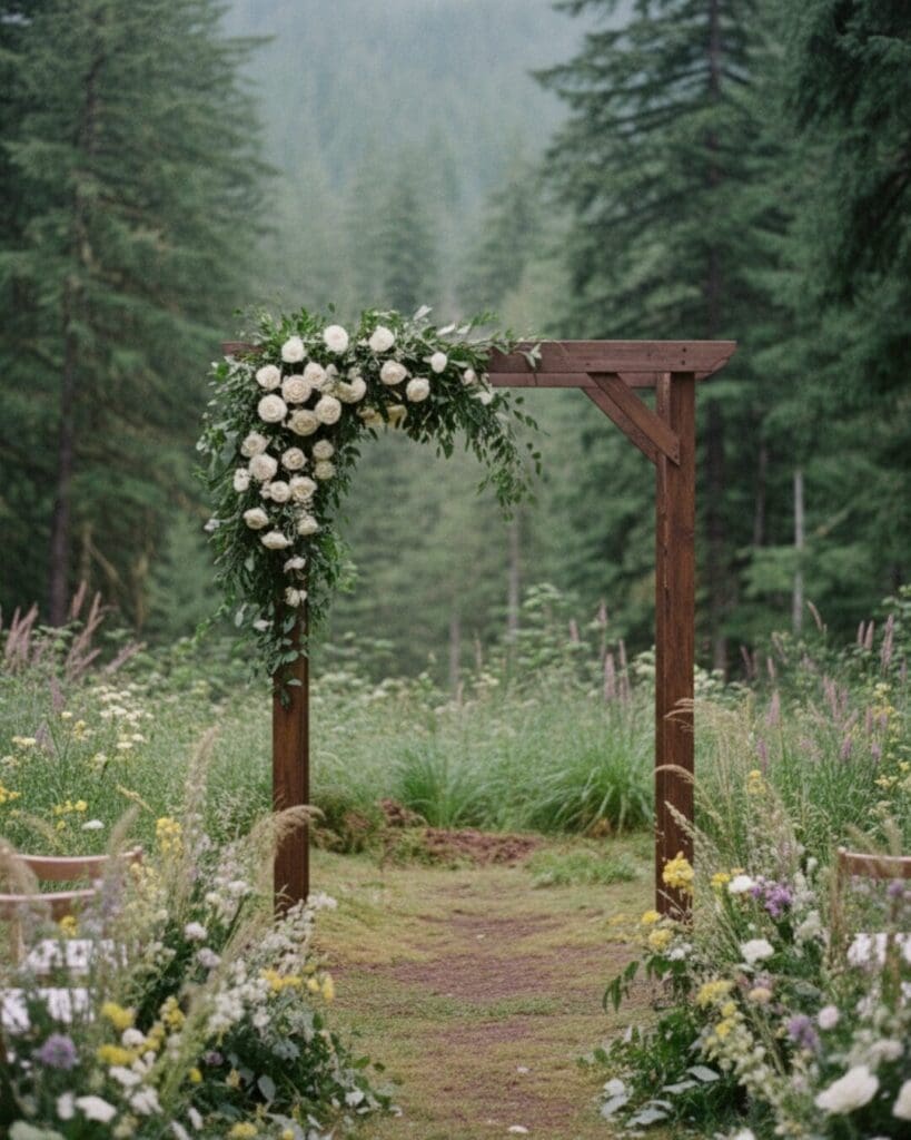 Close-up of floral arrangement on a wooden wedding arch in a forest ceremony setting