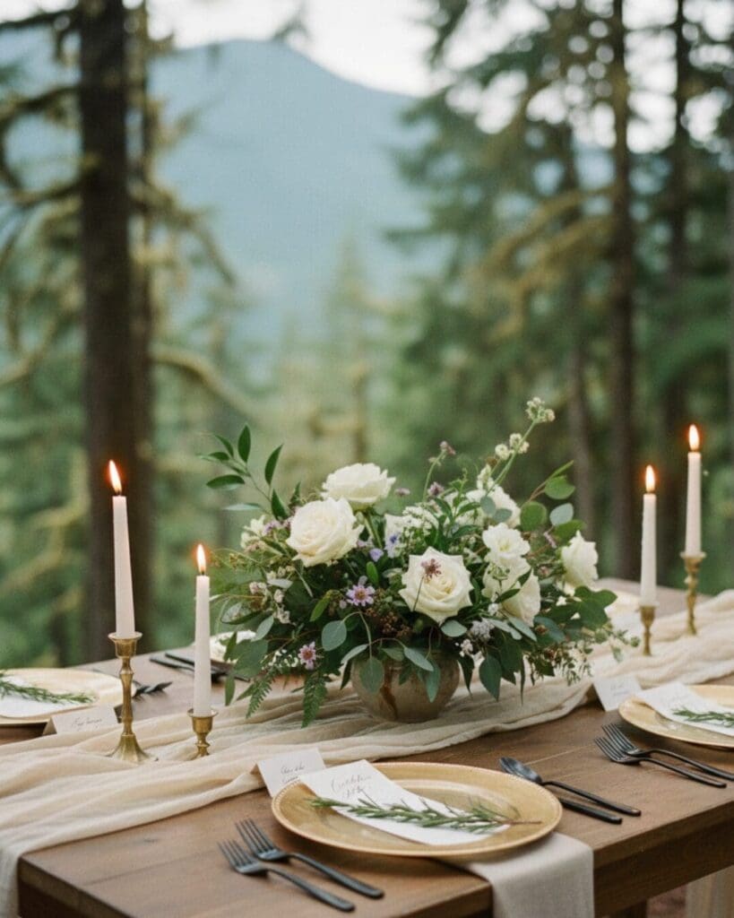 Outdoor wedding table setup with candles and floral centerpiece in a forest setting in the Pacific Northwest