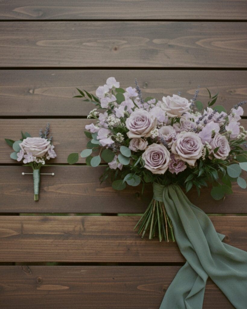 Spring elopement bouquet with soft pastel roses and greenery on a wooden bench in Washington