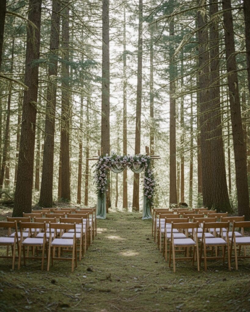 Forest elopement ceremony setup in Washington with wooden chairs and floral arch surrounded by tall trees