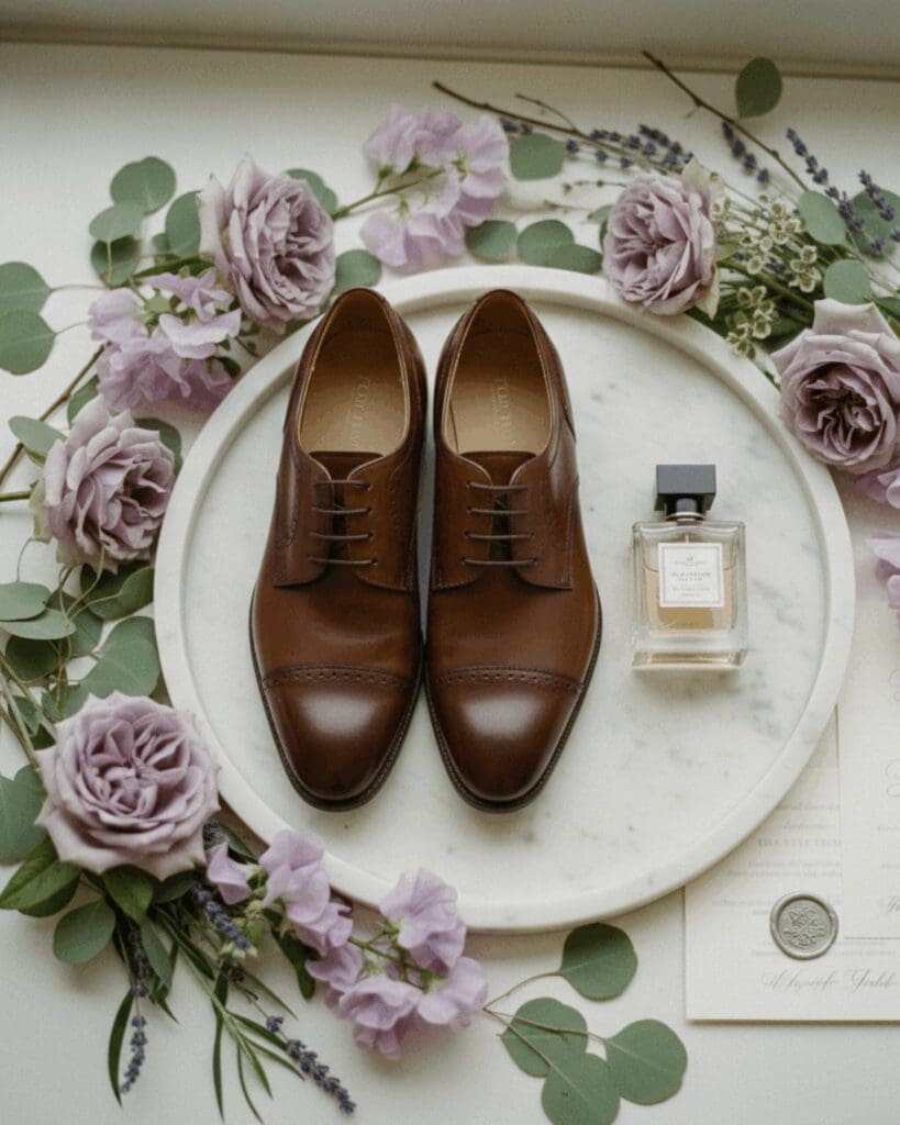 Washington elopement details with groom shoes, perfume, and floral styling in soft neutral tones