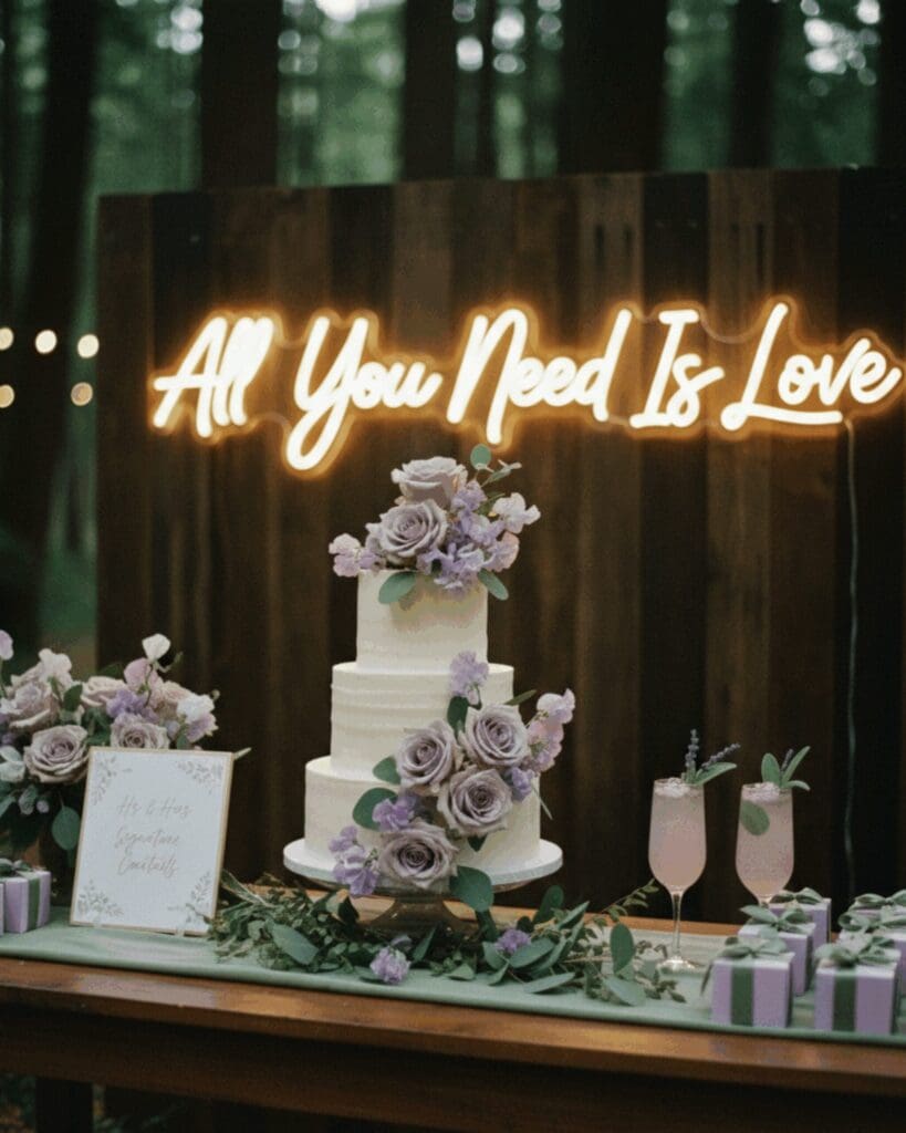 Wedding cake and signature cocktails on a decorated table at an intimate Washington forest elopement reception

