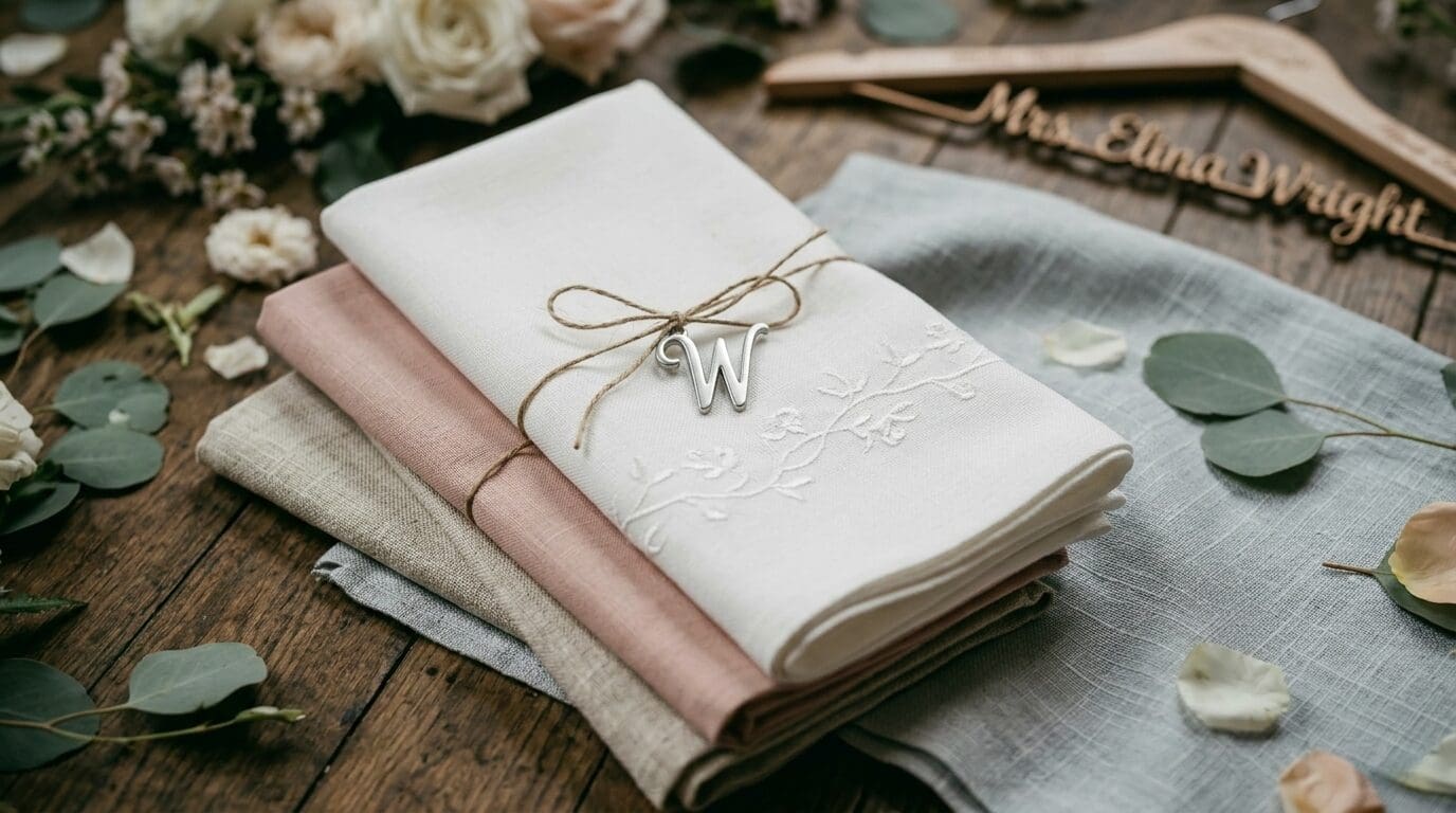Folded wedding linens with embroidery and initials styled with greenery for an intimate wedding setup