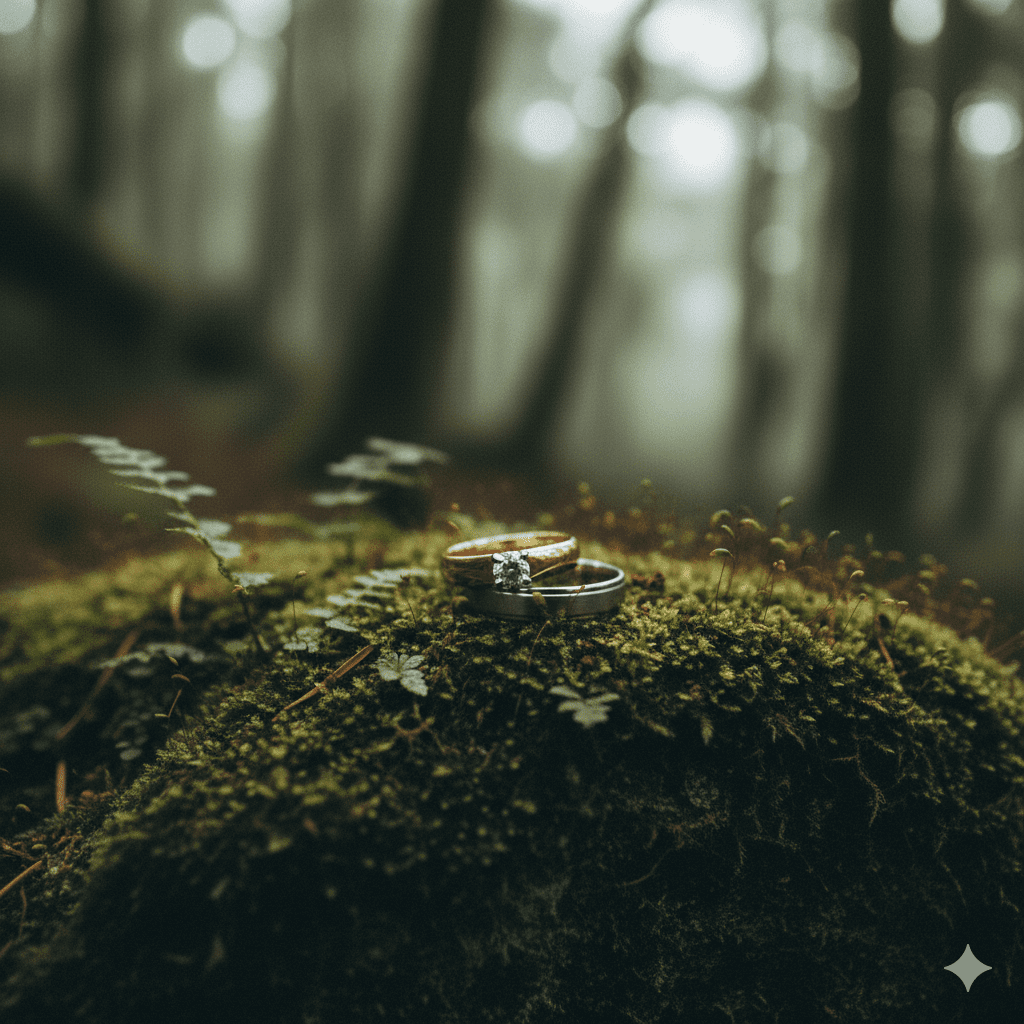 Wedding rings resting on moss in a misty forest setting near Mount Rainier