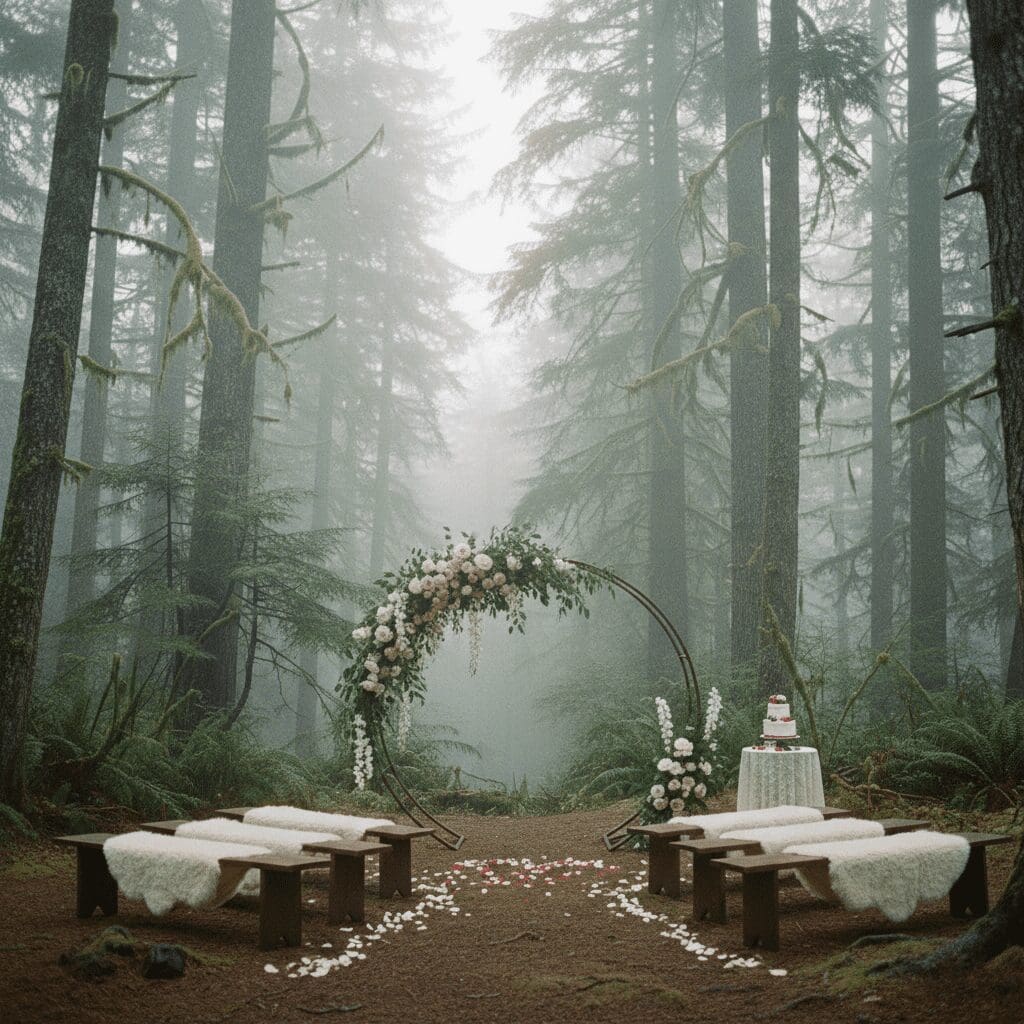 Intimate forest wedding ceremony setup with floral arch in a misty Mount Rainier setting