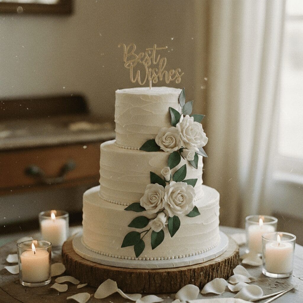 Simple white wedding cake with floral details and candles for an intimate Mount Rainier elopement