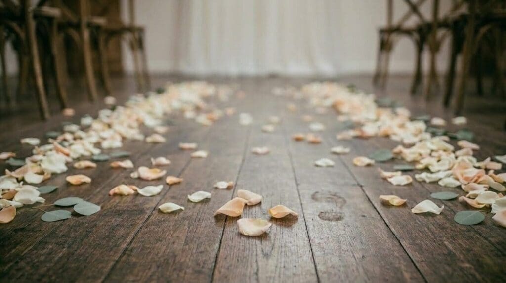 Indoor wedding aisle lined with scattered petals on a wooden floor for an intimate ceremony