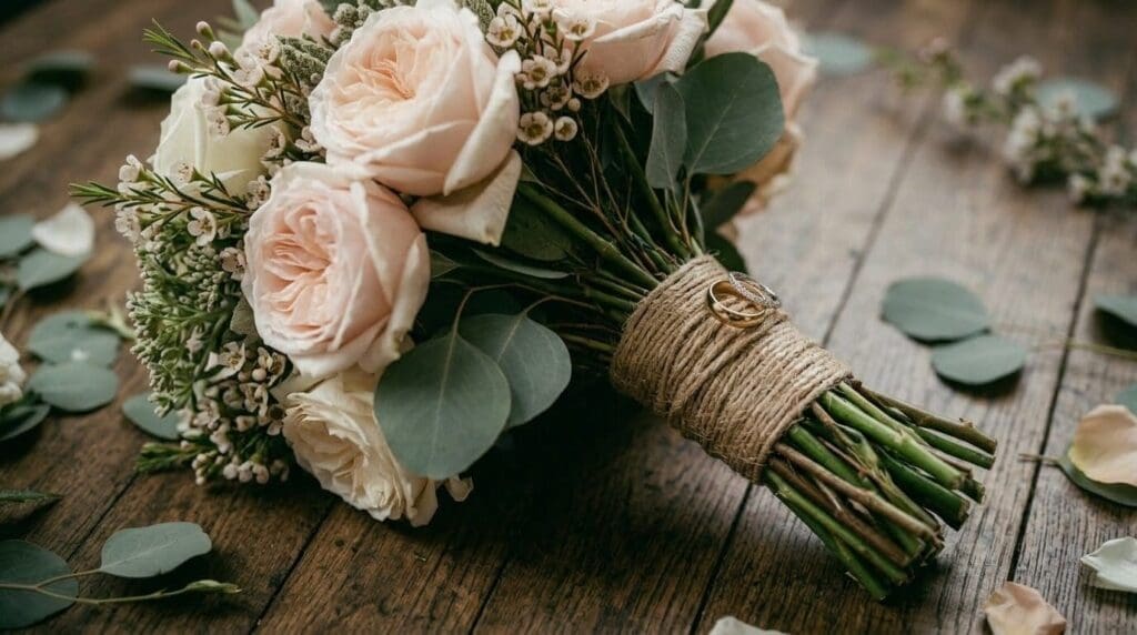 Bridal bouquet with soft blush roses and greenery with wedding rings wrapped around the stems