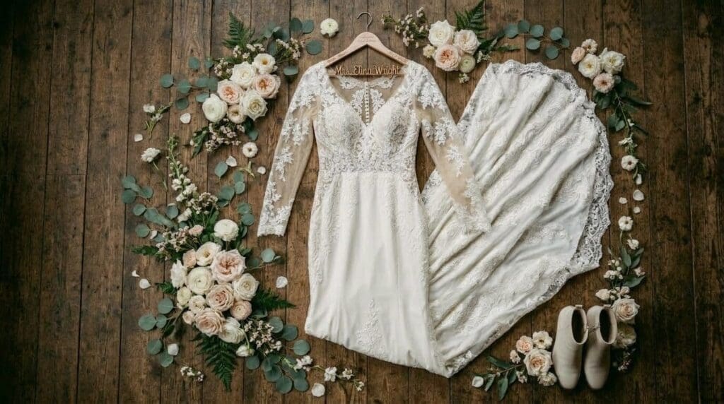 Lace wedding dress styled with soft florals and shoes on a wooden floor for an intimate PNW wedding
