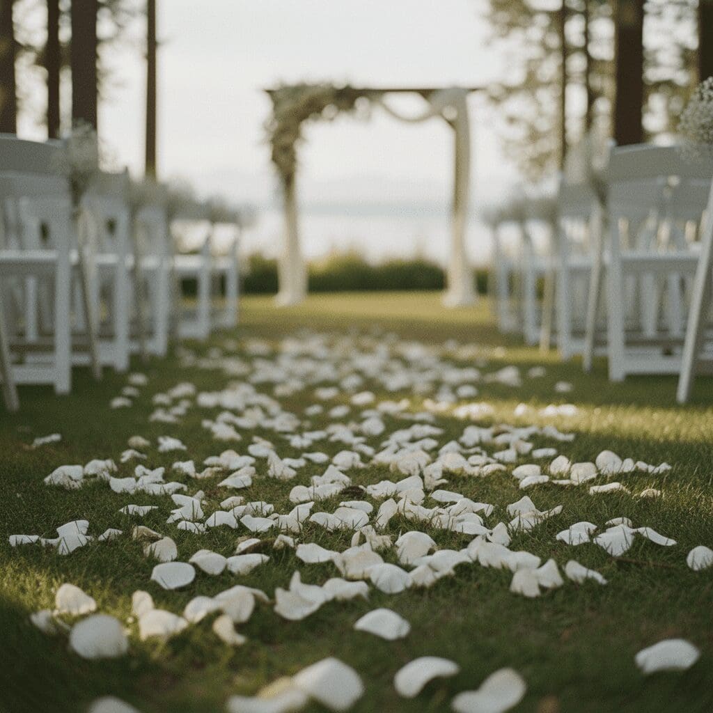 Outdoor wedding ceremony aisle lined with white petals and chairs leading to an arch with water views in Seattle