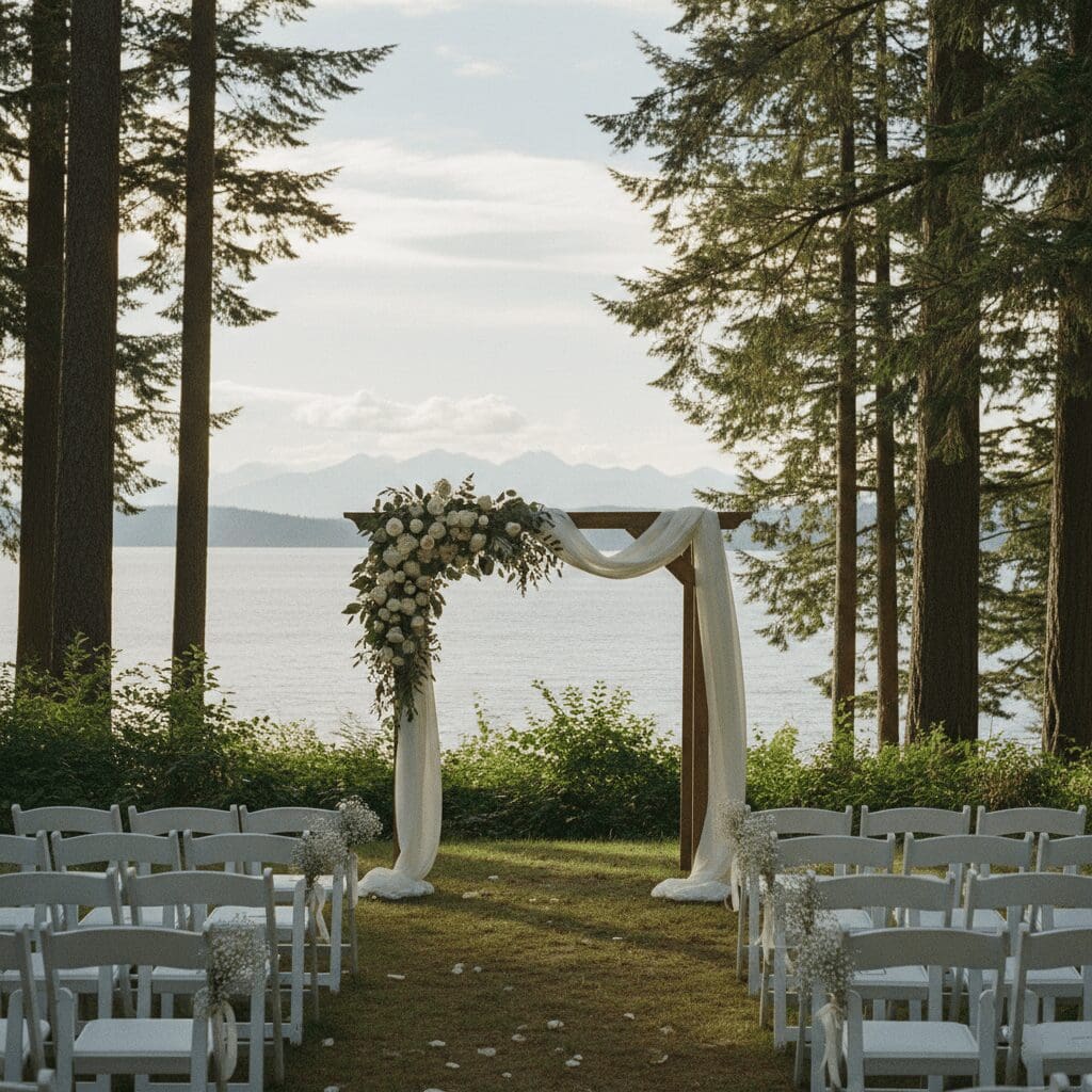 Outdoor wedding ceremony setup with floral arch and chairs overlooking the water surrounded by trees in Seattle