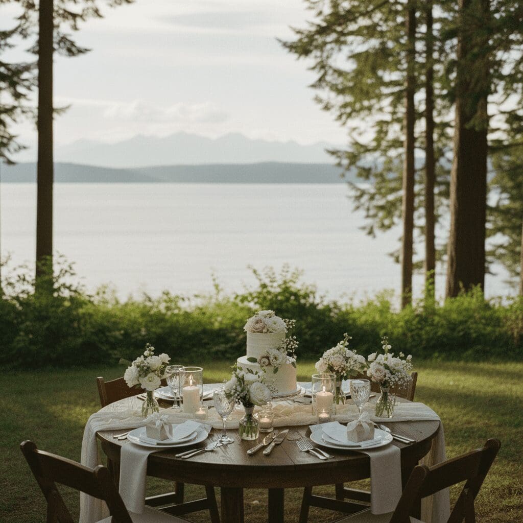Intimate wedding reception table with cake and floral details overlooking the water in Seattle