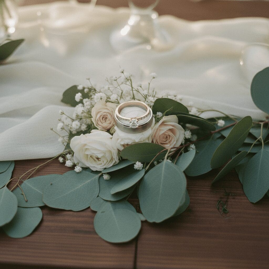Wedding rings placed on soft floral arrangement with greenery and neutral tones for a Seattle elopement
