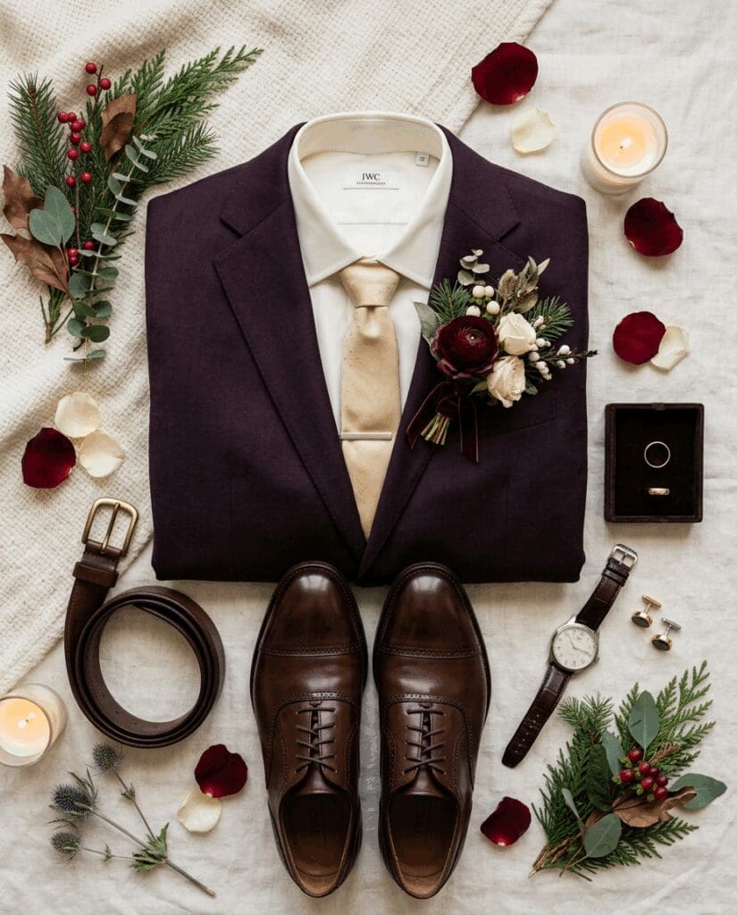 Flatlay of groom’s PNW winter wedding details featuring a plum 2026 trend suit, champagne tie, brown leather accessories, and a boutonniere with ranunculus and evergreen sprigs styled with candles and rose petals.

