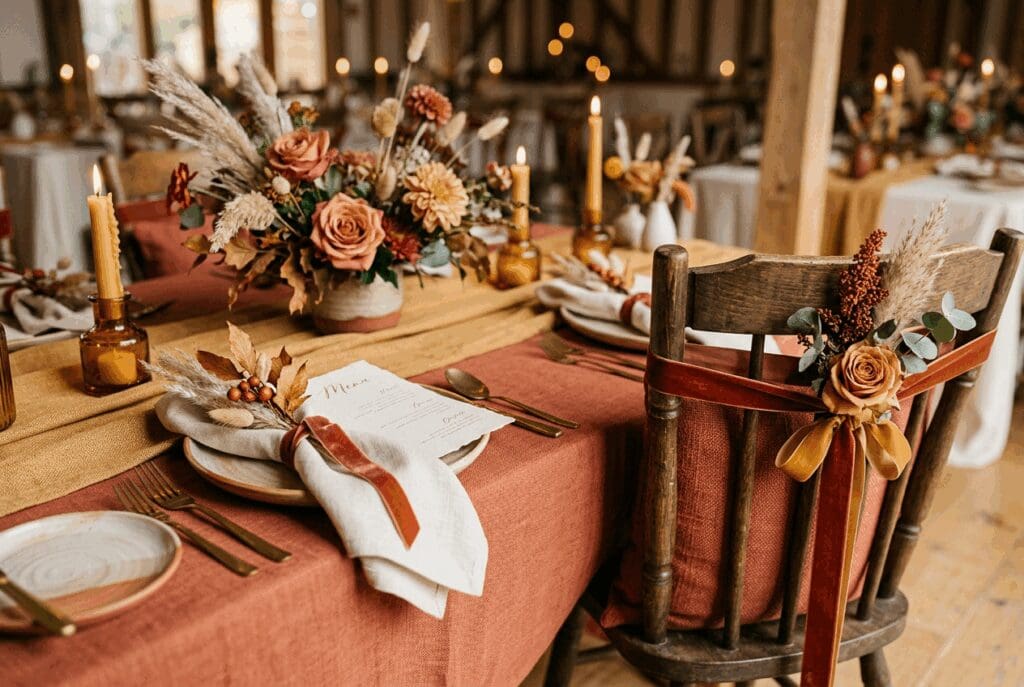 Cozy PNW fall wedding reception tablescape featuring 2026 wedding colors in rust and amber with compote centerpieces of autumn flowers, taper candles, and layered place settings on a terracotta linen.

