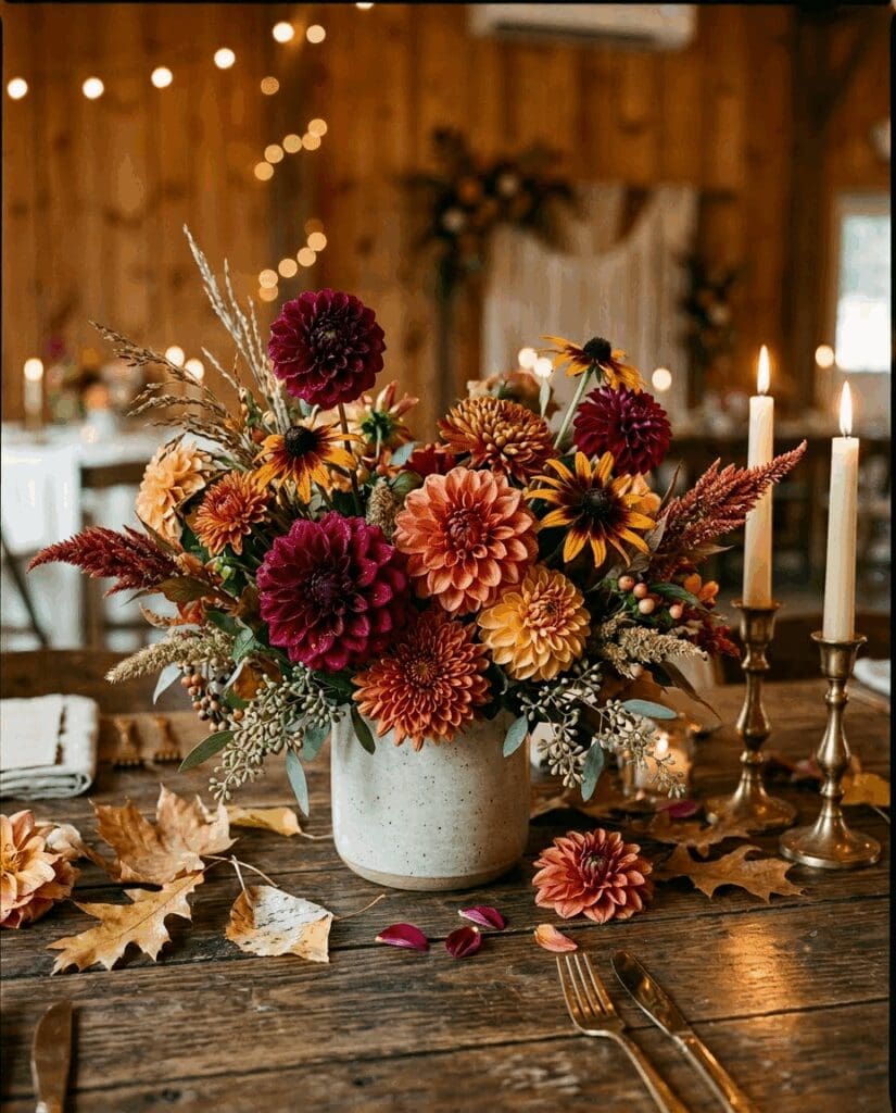 Cozy PNW fall wedding centerpiece featuring 2026 inspired colors with burgundy and amber dahlias, textural grasses, and seasonal foliage in a stone vase on a farmhouse table with candles and fallen leaves.

