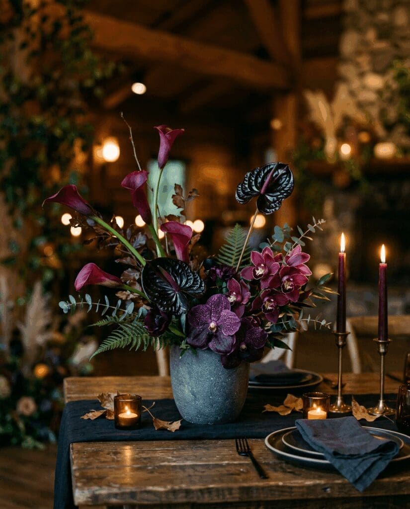 Moody PNW fall wedding tablescape with a dramatic centerpiece of plum calla lilies, orchids, and dark foliage in a stone vase, surrounded by taper candles and a dark linen runner on a wooden table.

