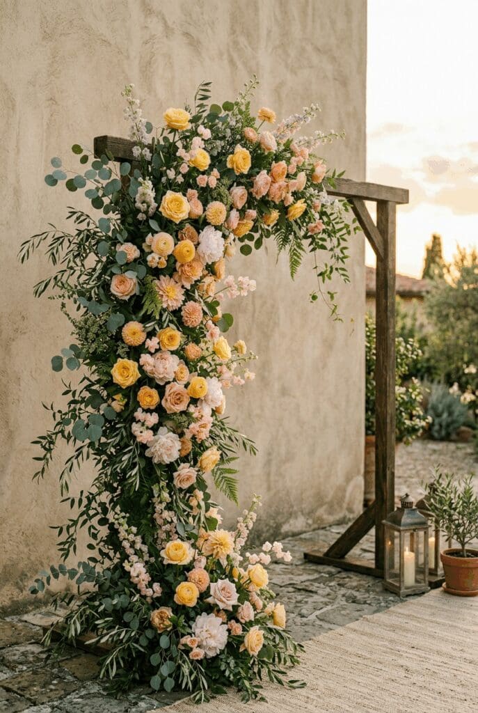Sunset ceremony arch for a romantic PNW garden wedding, featuring 2026 wedding color trends in buttery yellow and soft peach roses with garden-style greenery climbing a wooden frame.

