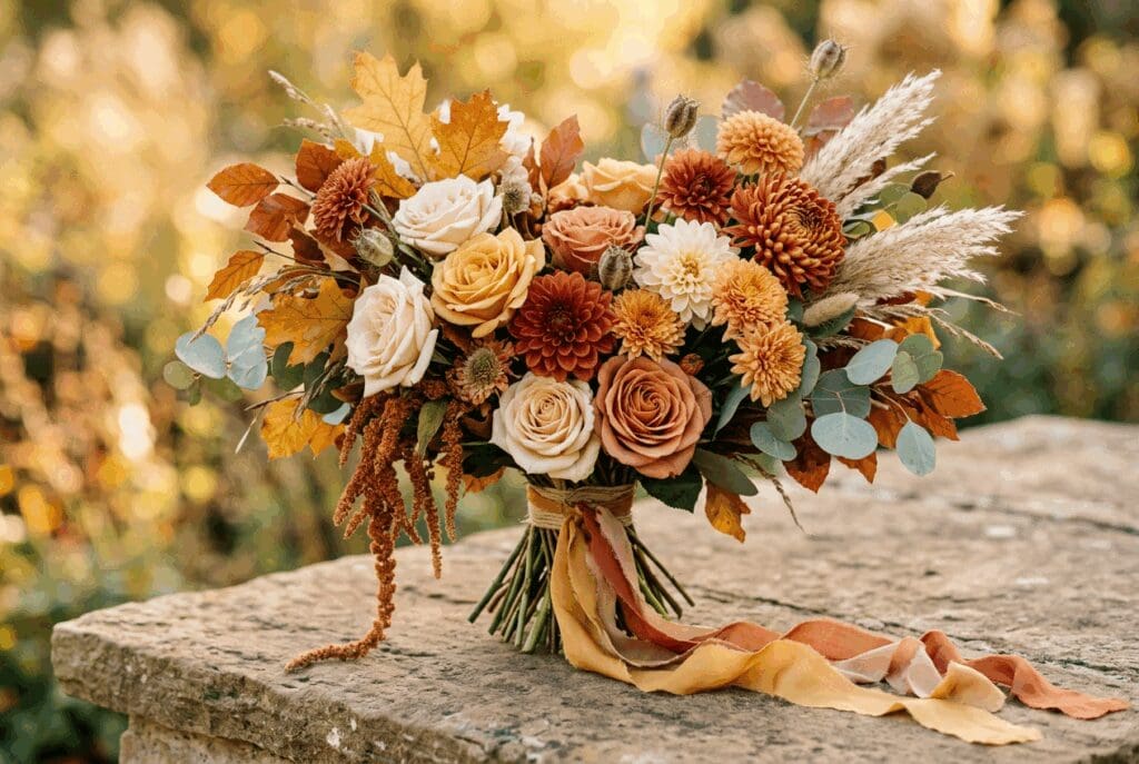 Fall inspired PNW bridal bouquet styled for 2026 wedding trends with terracotta and mustard mums, warm beige roses, pampas grass, and trailing ribbons in autumn tones on a stone ledge.

