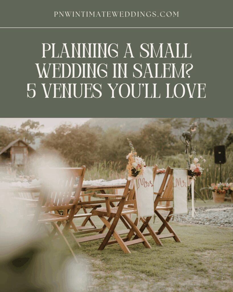 Outdoor wedding reception setup with wooden chairs and floral details for a small wedding in Salem Oregon