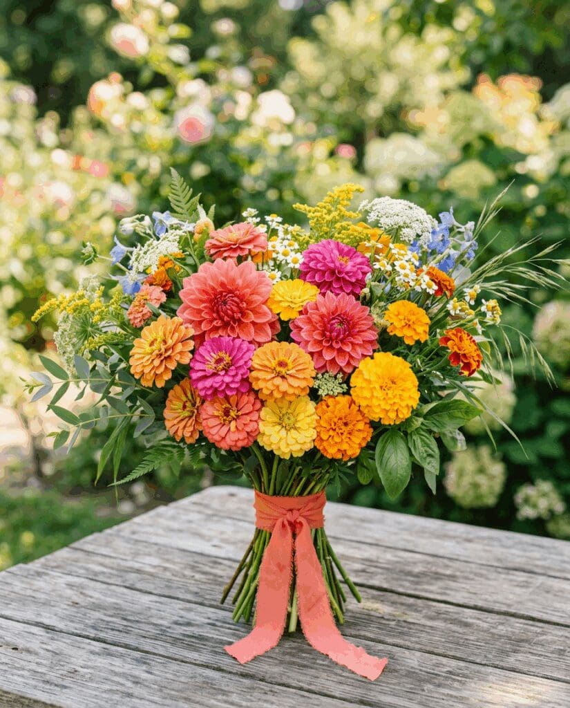 Vibrant garden style bridal bouquet for a PNW summer wedding featuring 2026 color trends in hot pink, coral, and marigold zinnias with lush greenery and a trailing coral ribbon on a wooden table.

