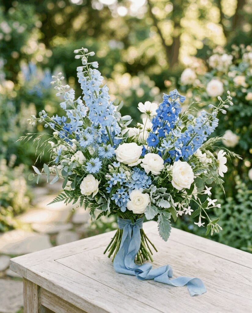 Airy PNW garden bridal bouquet styled for 2026 wedding trends with soft blue delphinium, white roses, and seasonal greenery, finished with a flowing dusty blue ribbon on a wooden table.

