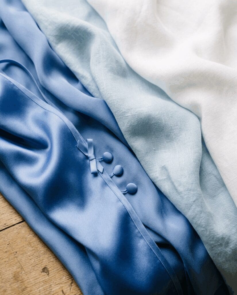 Close up of flowing fabrics in PNW inspired 2026 wedding colors showing layered satin and linen in cobalt blue, soft sky blue, and white for a coastal chic palette.

