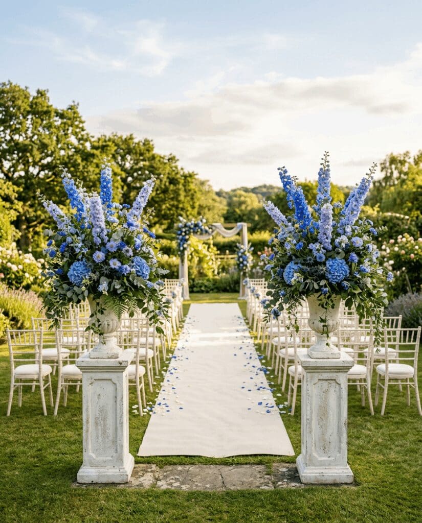 Outdoor wedding ceremony aisle at a lush PNW style garden venue with towering arrangements of blue delphinium and hydrangea, white chairs, and a white runner leading to a floral covered arch in 2026 trend blues.

