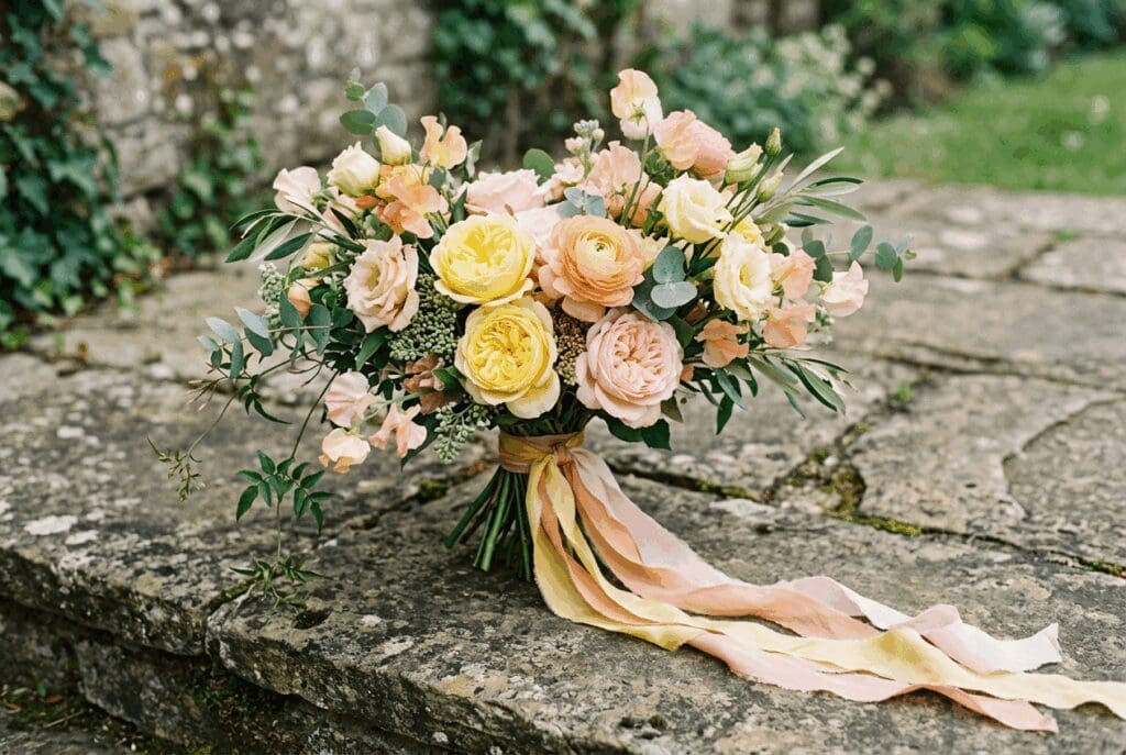 Hand tied PNW garden bridal bouquet styled for 2026 wedding trends, with yellow and peach roses, blush blooms, and airy greenery, finished with trailing pastel ribbons on a stone wall.

