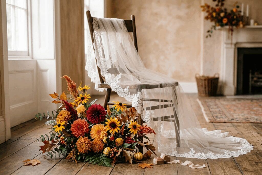 Romantic fall bridal styling for a PNW wedding with a wooden chair draped in a long lace veil beside a ground arrangement of terracotta and mustard blooms, mums, and autumn foliage.

