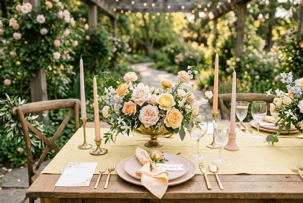 Intimate PNW garden reception tablescape designed with 2026 wedding color trends of yellow and peach, including a compote centerpiece of roses and seasonal flowers, taper candles, and layered place settings on a yellow linen.

