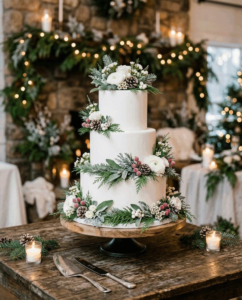 Three tier white winter wedding cake for a PNW celebration decorated with evergreens, berries, and white blooms, set on a rustic wooden table in front of a greenery filled fireplace.


