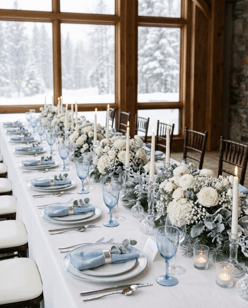 Long lodge reception table set for a snowy PNW wedding with a white linen runner, dusty blue 2026 trend glassware and napkins, white hydrangea and rose centerpieces with frosted greenery, and tall taper candles.

