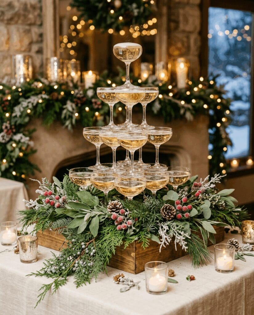 Cozy winter PNW wedding detail with a champagne tower surrounded by evergreen, pinecones, and red berries on a linen covered table in front of a fireplace filled with twinkle lit greenery.

