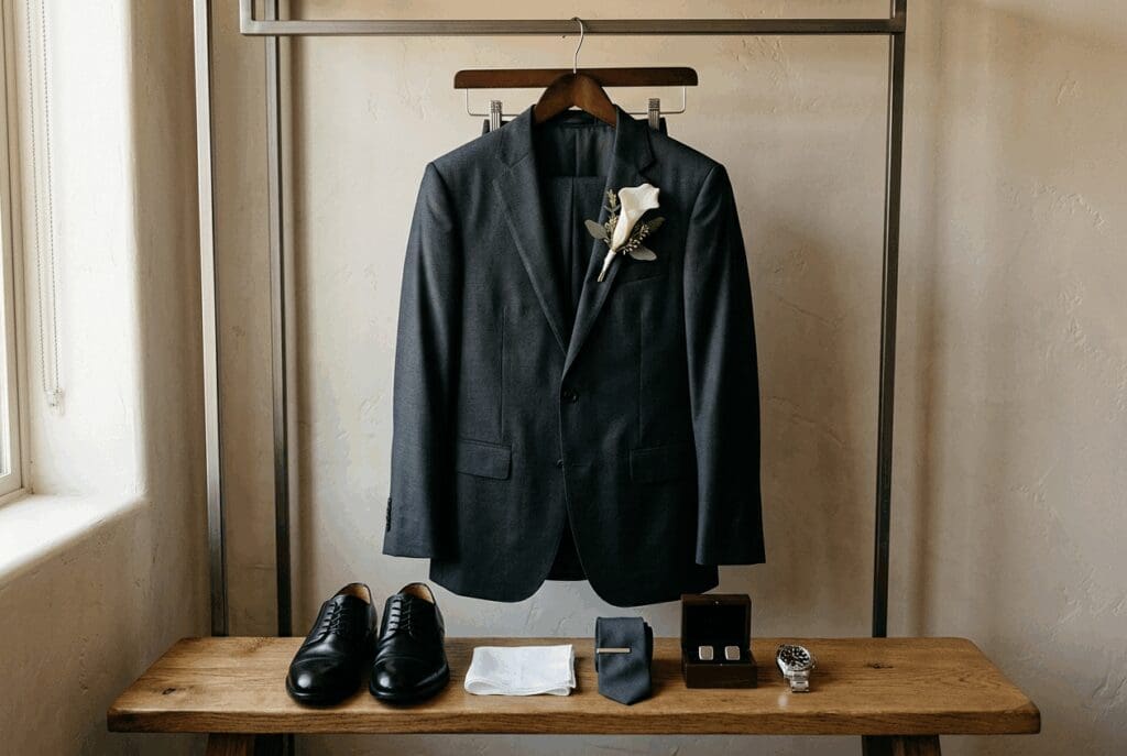 Modern groom flatlay for a PNW wedding showing a charcoal suit jacket with white calla lily boutonniere, black dress shoes, pocket square, cufflinks, and ring box arranged on a wood and metal rack.

