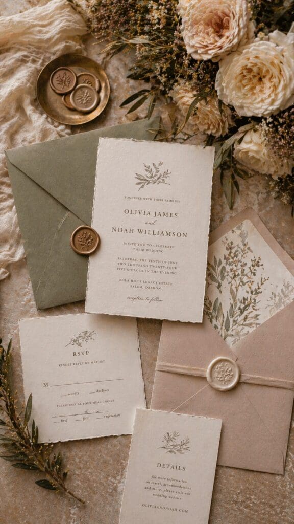 Wedding invitation suite with envelopes and wax seals styled with soft florals and neutral tones for a vineyard wedding at Eola Hills Legacy Estate in Salem Oregon