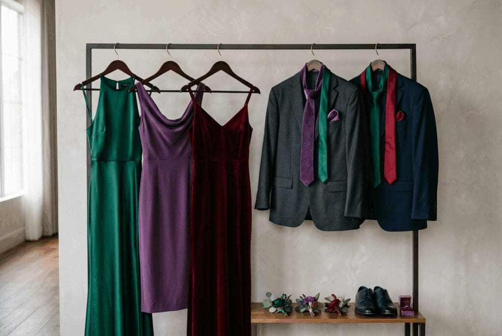 Coordinated PNW fall wedding party outfits showing emerald and plum satin bridesmaid dresses and gray suits with green and burgundy ties styled on a clothing rack for a jewel tone 2026 color palette.

