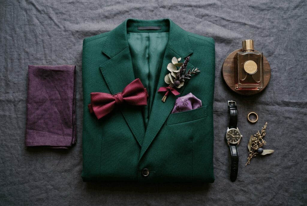 Groom flatlay for a PNW fall wedding featuring an emerald green suit with burgundy bow tie and boutonniere, plum pocket square, cufflinks, watch, ring, and cologne arranged on a charcoal surface.

