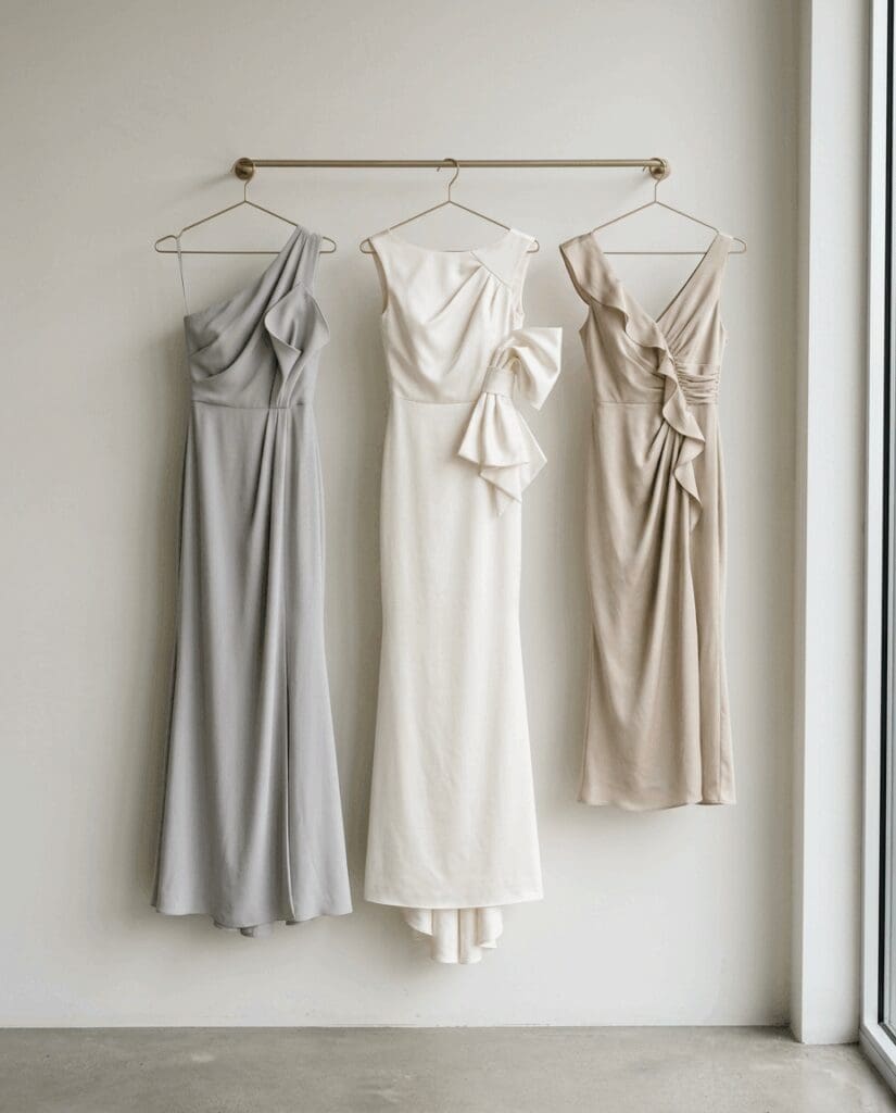 Trio of minimalist bridesmaid dresses in neutral 2026 PNW wedding colors including soft dove gray, ivory, and taupe, with sculptural bows and one shoulder necklines hanging on a simple wall mounted rod.


