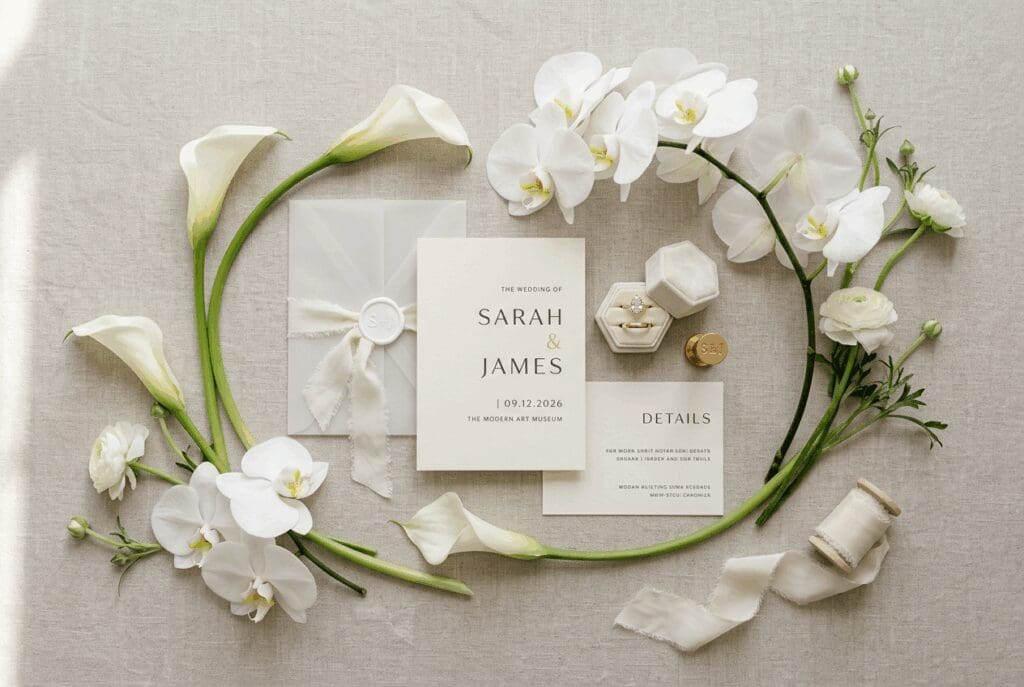 Flatlay of neutral PNW wedding invitation suite with white calla lilies, orchids, and delicate buds framing the paper goods, showcasing an airy 2026 wedding flower trend.

