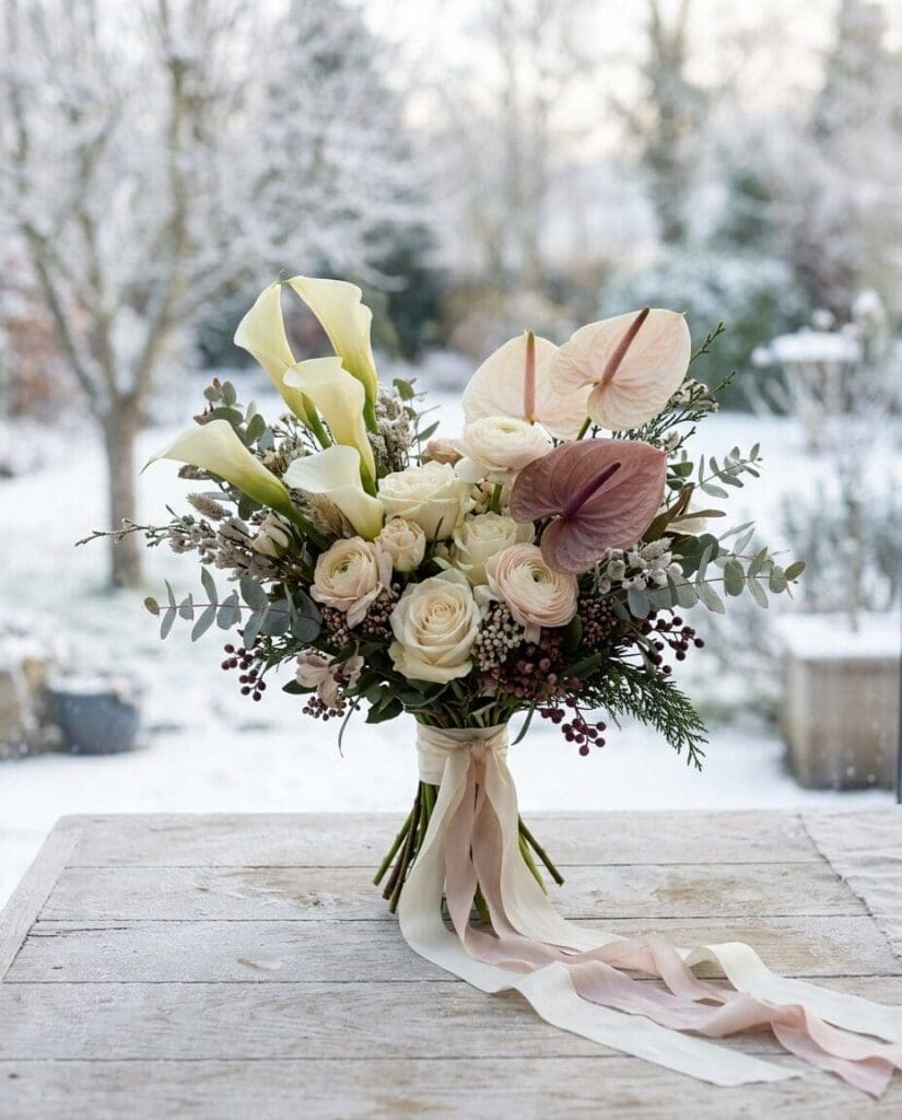 Soft neutral wedding bouquet with calla lilies, roses, and greenery in a snowy outdoor setting