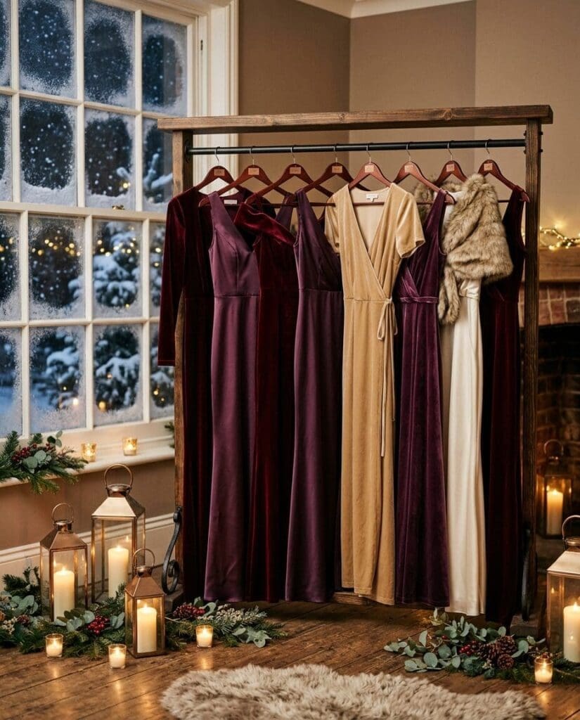 Bridesmaid dresses in burgundy, champagne, and neutral tones styled indoors with candles for a winter wedding
