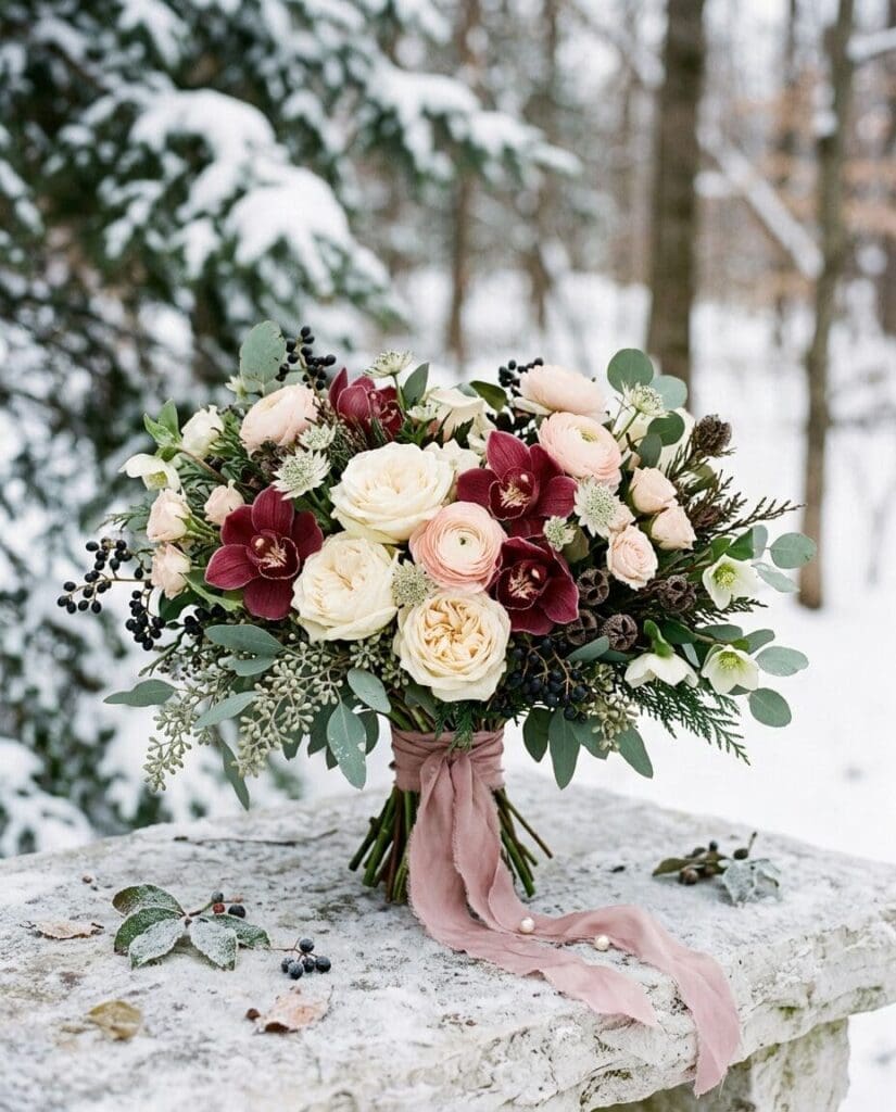 Winter wedding bouquet with burgundy, blush, and cream flowers with greenery set in a snowy Pacific Northwest setting