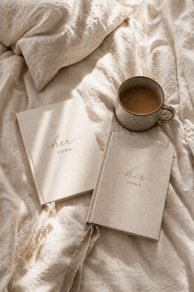 His and hers vow books with coffee on linen sheets styled for a calm wedding morning in a modern Salem Oregon setting